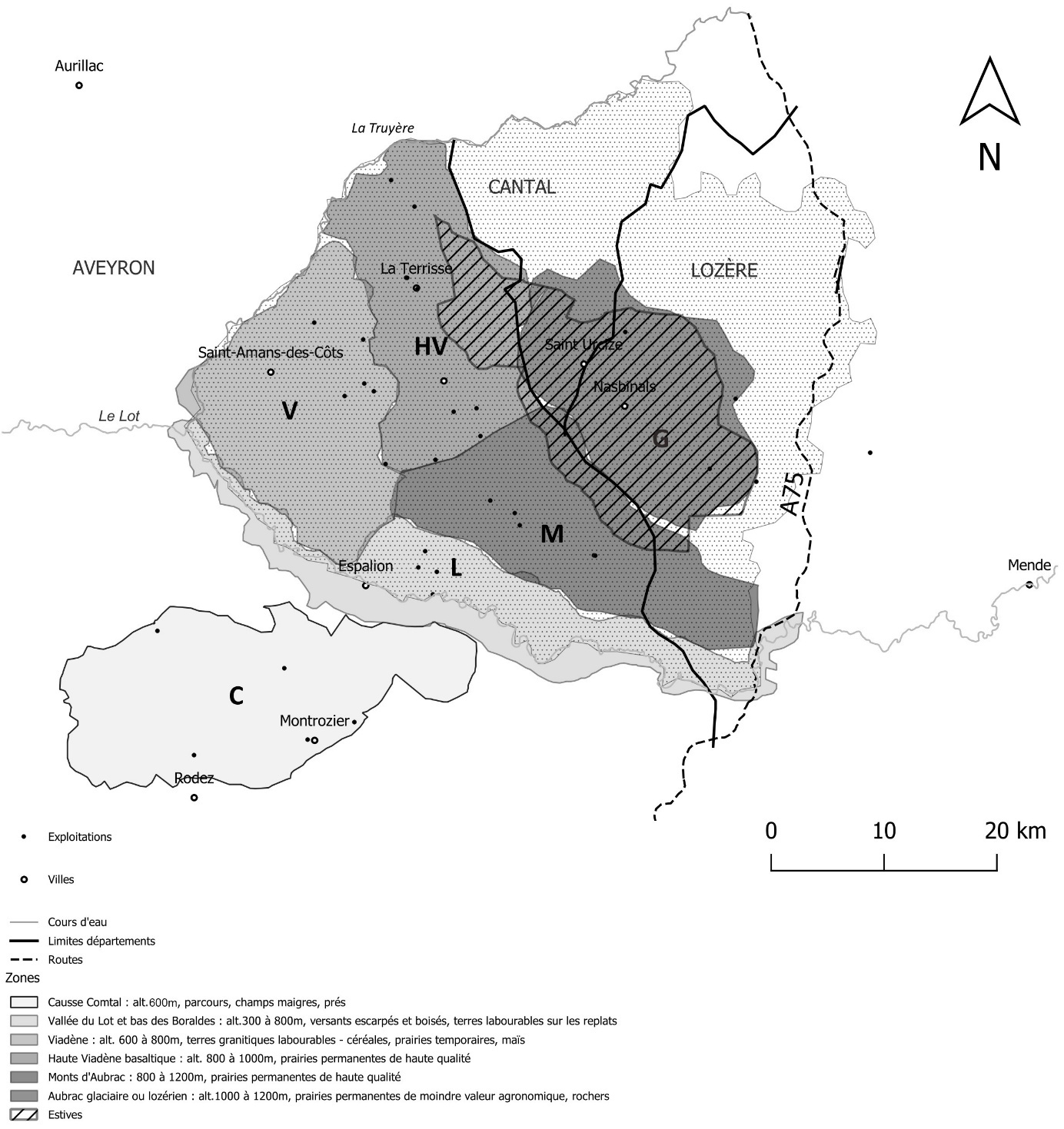 Figure 3. Carte des sous-régions de l’exploitation de l’Aubrac.